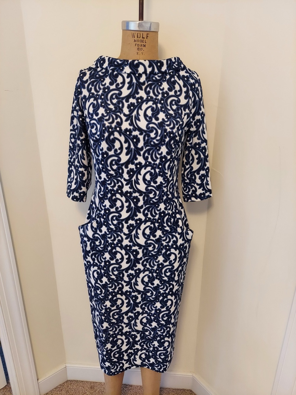 Laura Bettini Navy and White Scroll-Print Sheath Dress